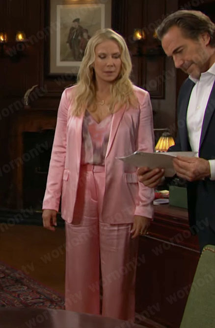 Brooke's pink silk suit and v-neck top on The Bold and the Beautiful