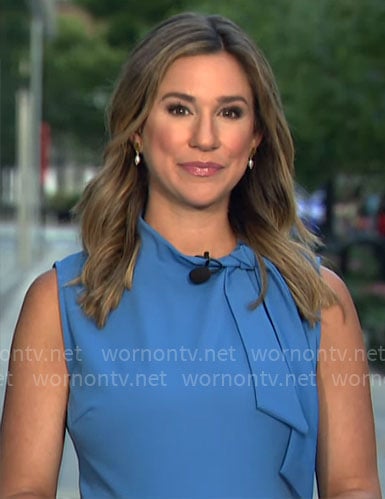 Caitlin Huey Burns's blue tie neck dress on CBS Mornings