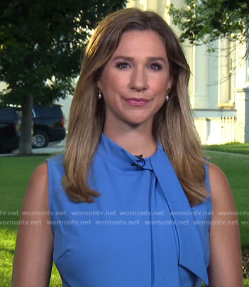 Caitlin Huey Burns’s blue tie neck dress on CBS Mornings