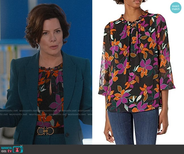 Calvin Klein Printed Clip Dot Ruffled Neck Top in Coffee Combo worn by Margaret Wright (Marcia Gay Harden) on So Help Me Todd