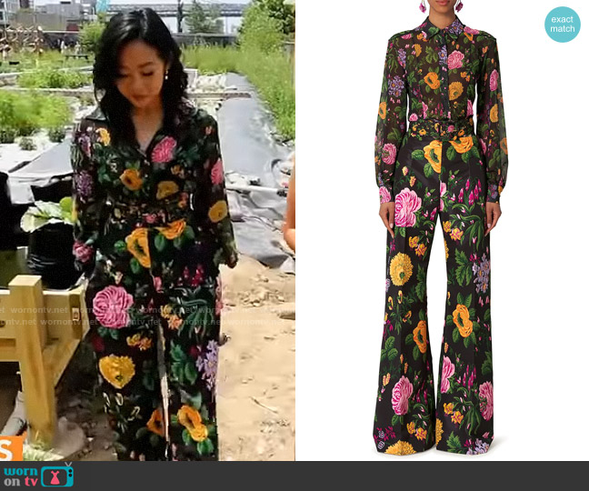 Carolina Herrera Floral Shirt and Pants worn by Stephanie Hsu on CBS Mornings