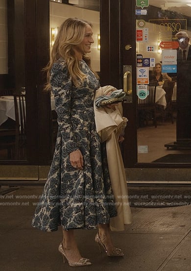 Carrie's blue floral jacquard dress on And Just Like That