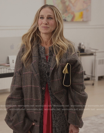 Carrie's gray plaid coat on And Just Like That