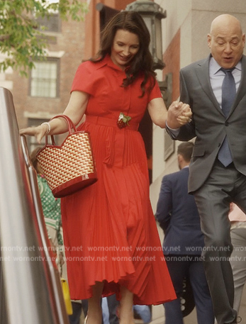 Charlotte's red pleated shirtdress on And Just Like That