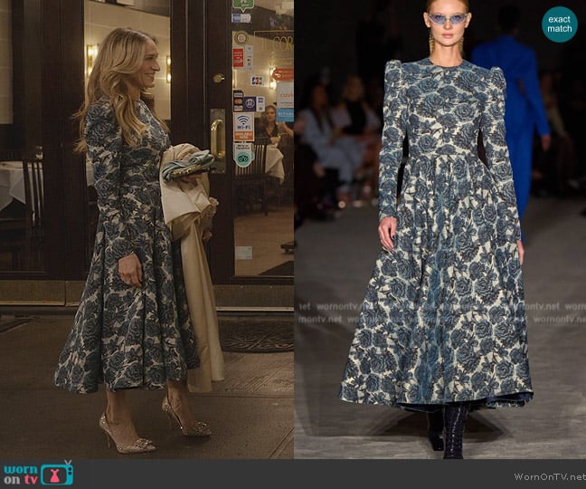 Christian Siriano Victorian Blue Floral Puff Shoulder Tea Length Dress worn by Carrie Bradshaw (Sarah Jessica Parker) on And Just Like That