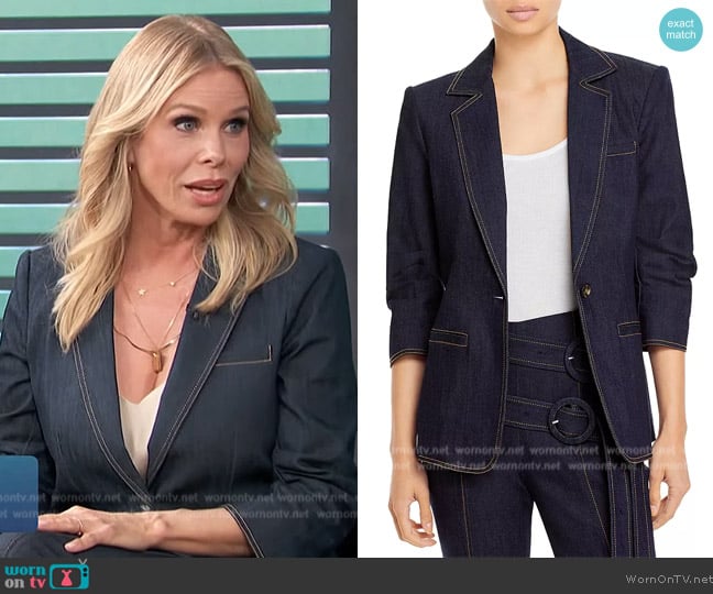 Cinq a Sept Khloe Ruched Sleeve Denim Blazer worn by Cheryl Hines on Access Hollywood