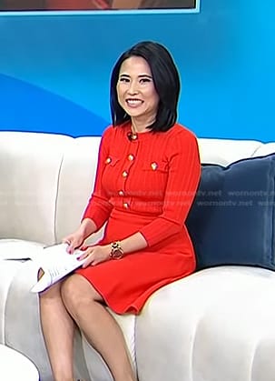 Vicky’s red knit dress with gold buttons on Today