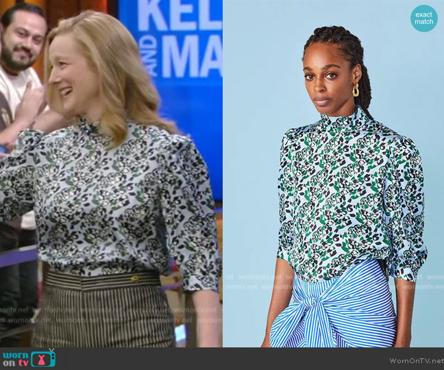 Callas Milano Clelia Silk Blouse Blue worn by Laura Linney on Live with Kelly and Mark