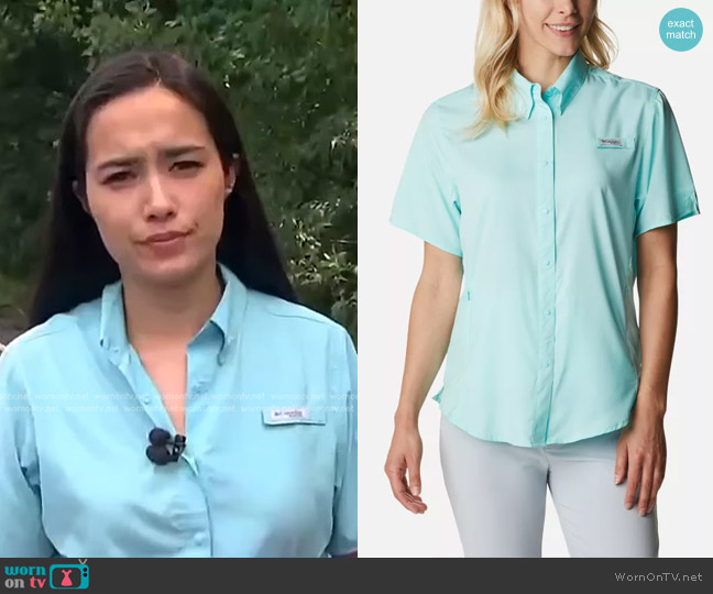 Columbia PFG Tamiami lI Short Sleeve Shirt in Gulf Stream worn by Emilie Ikeda on NBC News Daily