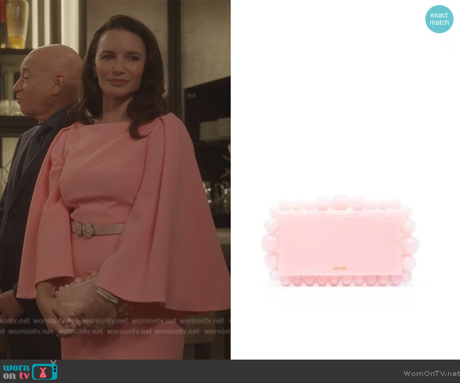 Cult Gaia Gaia Eos bead-embellished clutch bag worn by Charlotte York (Kristin Davis) on And Just Like That