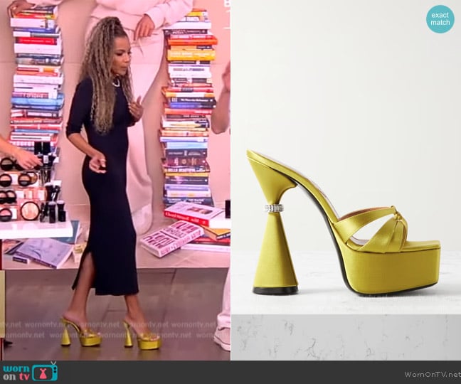 D'Accori Sienna leather-trimmed embellished satin platform mules worn by Sunny Hostin on The View