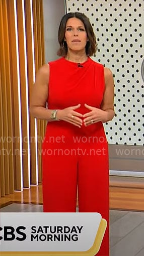 Dana Jacobson's red sleeveless jumpsuit on CBS Mornings
