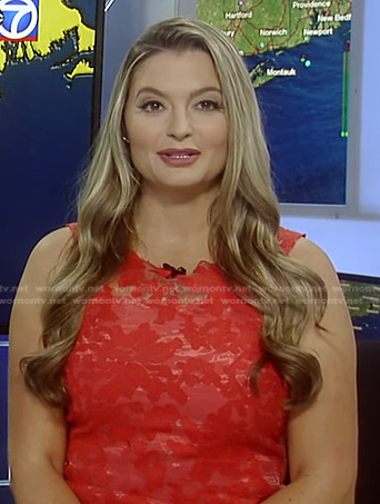 Dani Beckstrom’s red floral sheer lace dress on Good Morning America