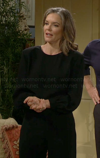 Diane's black open back jumpsuit on The Young and the Restless