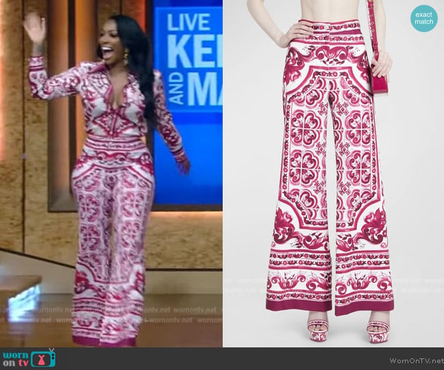 Dolce and Gabbana Majolica-Print Flare-Leg Lycra Pants worn by Porsha Williams on Live with Kelly and Mark