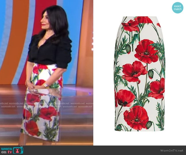 Dolce & Gabbana Poppy-Print Midi Skirt worn by Pattie Ehsaei on Good Morning America