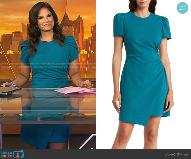 Donna Morgan Asymmetric Short Sleeve Dress in Shaded Spruce worn by Darlene Rodriguez on Today