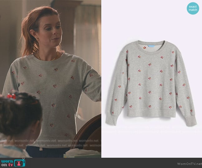 Draper James Gretchen Sweatshirt in Embroidered Viola worn by Maddie Townsend (JoAnna Garcia Swisher) on Sweet Magnolias