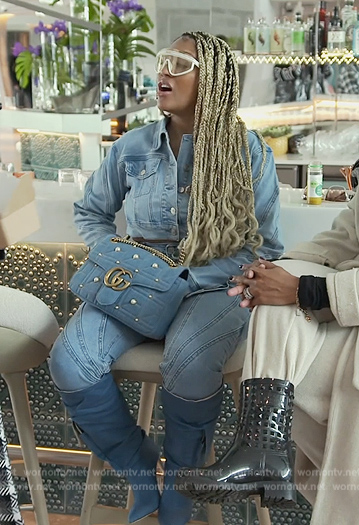Drew's white sunglasses and denim bag on The Real Housewives of Atlanta