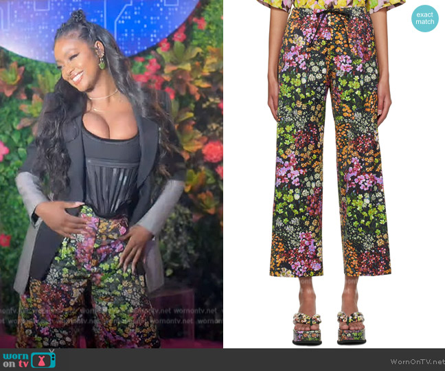 Dries Van Noten Black Floral Trousers worn by Annika (Justine Skye) on Grown-ish