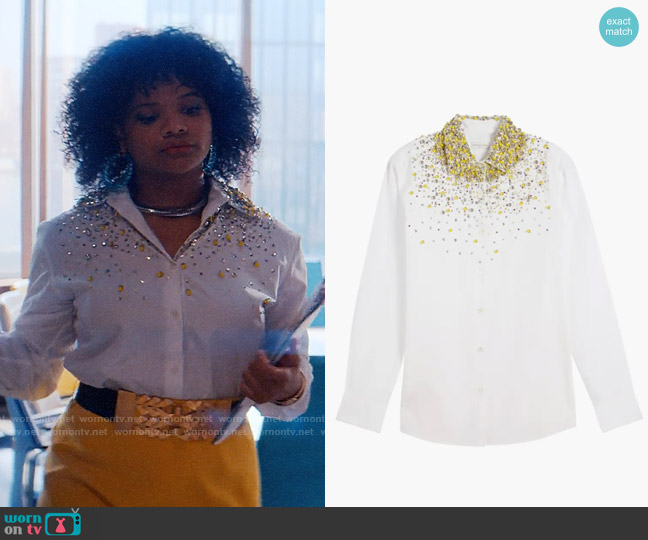 Dries van Noten Clavelly Embellished Poplin Shirt worn by Venetia Kelaher (Jade Payton) on Glamorous