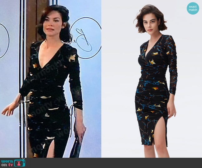 Diane von Furstenberg Rochelle Dress in Butterfly Black worn by Elizabeth Webber (Rebecca Herbst) on General Hospital