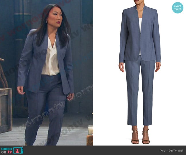 Elie Tahari Tori Wool-Blend Jacket and Karis Front-Seam Ankle Pants worn by Melinda Trask (Tina Huang) on Days of our Lives