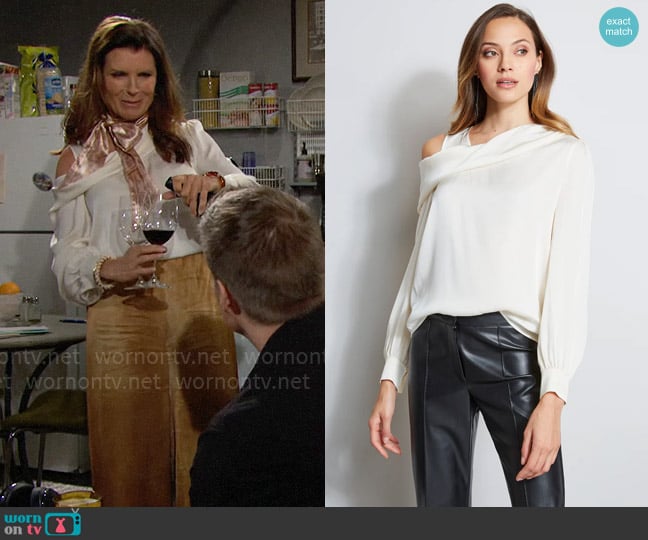 Elie Tahari Off Shoulder Silk Shirt worn by Sheila Carter (Kimberlin Brown) on The Bold and the Beautiful