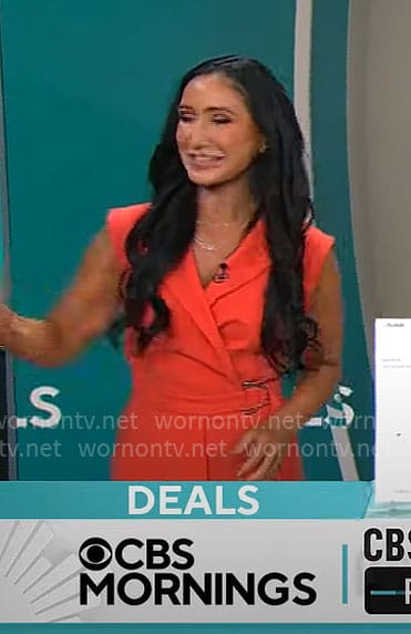 Elizabeth Werner's orange wrap jumpsuit on CBS Mornings