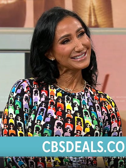 Elizabeth Werner’s rainbow face print sweater on CBS Mornings