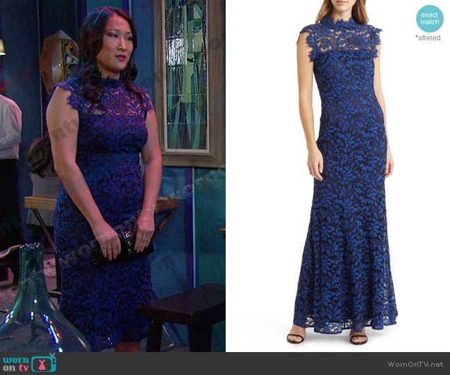 Eliza J Illusion Mock Neck Open Back Sleeveless Dress in Navy worn by Melinda Trask (Tina Huang) on Days of our Lives