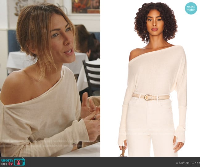 Enza Costa Cashmere Cuffed Off Shoulder Long Sleeve Top worn by Erin Lichy on The Real Housewives of New York City