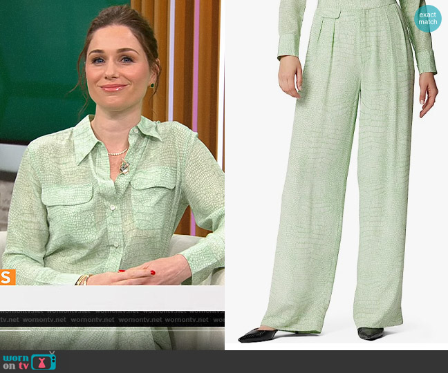 Equipment Clement Pants in Nature White Jadesheen worn by Laura Modi on CBS Mornings