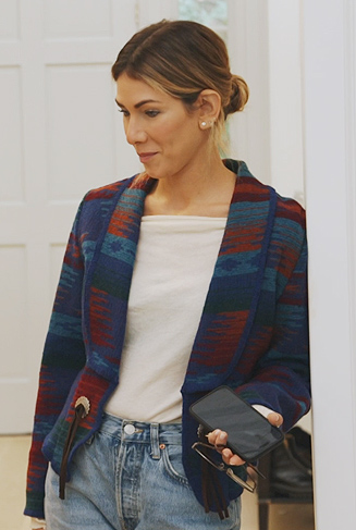 Erin's blue patterned jacket on The Real Housewives of New York City