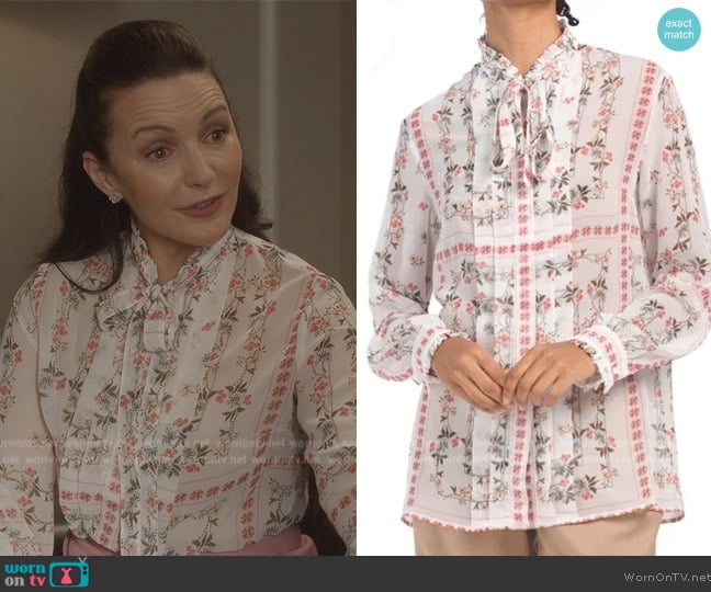 Etro Floral Print Tie Neck Blouse worn by Charlotte York (Kristin Davis) on And Just Like That