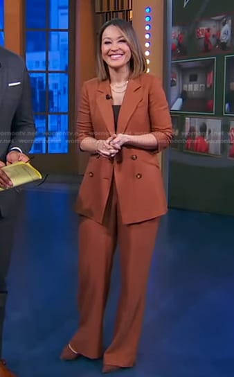 Eva’s brown double breasted blazer and pants on Good Morning America