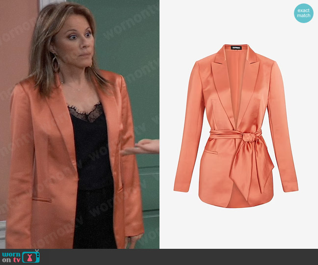 Express Satin Tie Waist Blazer in Apricot Orange worn by Alexis Davis (Nancy Lee Grahn) on General Hospital