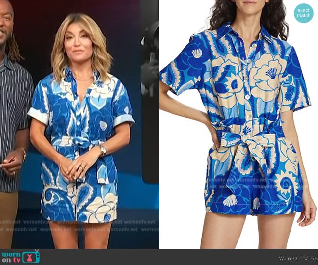 Farm Rio Tropical Groove Belted Romper worn by Kit Hoover on Access Hollywood