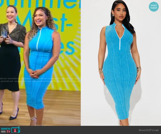 Fashion Nova Zip It Ribbed Midi Dress in Aqua worn by Milly Almodovar on Good Morning America