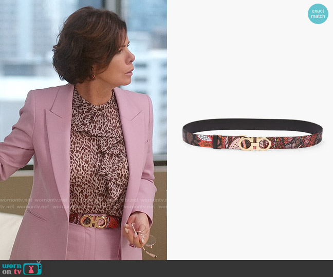 Ferragamo Double Gancio Batik Print Reversible Leather Belt worn by Margaret Wright (Marcia Gay Harden) on So Help Me Todd