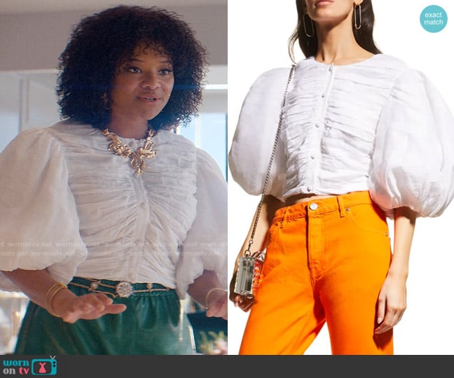 Frame Gathered Puff-Sleeve Top worn by Venetia Kelaher (Jade Payton) on Glamorous