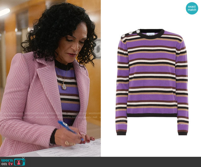 Ganni Embellished striped cashmere sweater worn by Francey (Rosa Arredondo) on So Help Me Todd