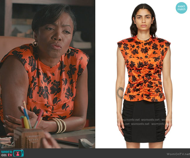 Ganni Orange & Black Silk Stretch Satin Top worn by Helen Decatur (Heather Headley) on Sweet Magnolias