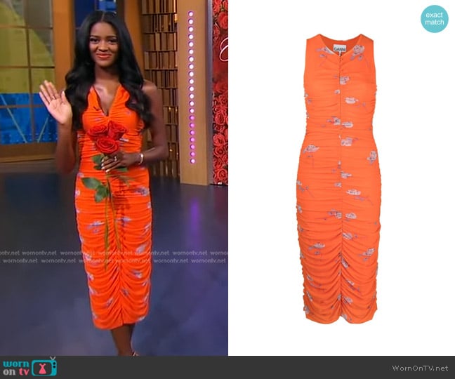 Ganni Ruched Floral-Print Mesh Dress worn by Charity Lawson on Good Morning America