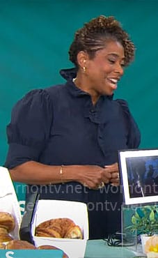 Gayle Bass' navy ruffled dress on CBS Mornings