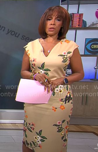 Gayle’s beige floral v-neck sheath dress on CBS Mornings