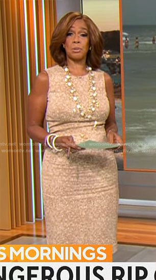 Gayle King’s beige sleeveless sheath dress on CBS Mornings