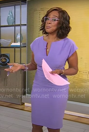 Gayle King’s purple split-neck dress on CBS Mornings