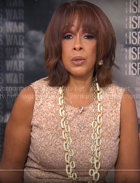 Gayle King's beige sleeveless sheath dress on CBS Mornings