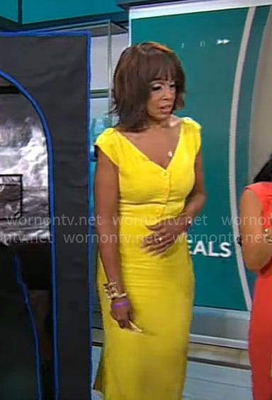 Gayle's yellow buttoned v-neck dress on CBS Mornings